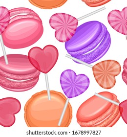 Cute seamless pattern with sweets and french cookies macaroons on white background. Suitable for packaging, fabric or napkins and menus decoration. Vector eps 10 illustration in cartoon style