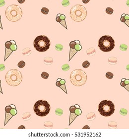 Cute seamless pattern with sweets on pink background.