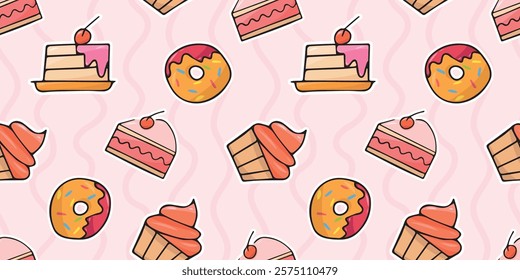 cute seamless pattern with sweets. Print with cakes. vector. Seamless pattern. Drawing with ice cream. Sweet pattern. Background for ice cream. Wallpaper for a pastry shop.