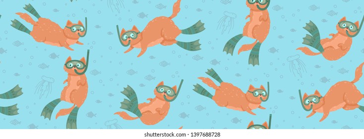 Cute seamless pattern with swimming cats surrounded by fishes and jellyfishes. Cat diving in flippers and mask. Vector illustration can be used for postcards, fabric printing, bedclothes, wallpaper.