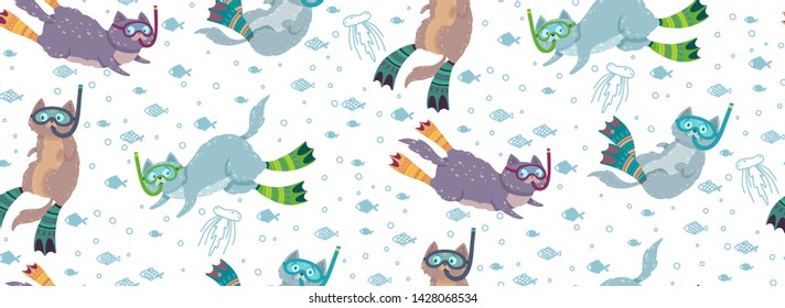 Cute seamless pattern with swimming cats surrounded by fishes and jellyfishes. Cat diving in flippers and mask. Vector illustration can be used for postcards, fabric printing, bedclothes, wallpaper.