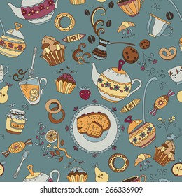 cute seamless pattern with tea, coffee and sweets 
