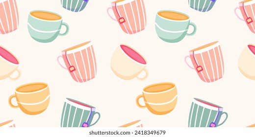 Cute seamless pattern with tea cups. Vector hand-drawn illustration in doodle style. Perfect for print, menu, wrapping paper, wallpaper, various designs.