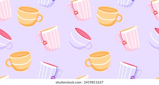 Cute seamless pattern with tea cups. Vector hand-drawn illustration in doodle style. Perfect for print, menu, wrapping paper, wallpaper, various designs.
