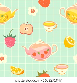 Cute seamless pattern with tea, cups, summer fruits, teapots. Suitable for wrapping, textiles, printing, wallpaper