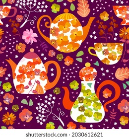 Cute seamless pattern with teapots and cups with floral ornaments, flowers, leaves and hearts. Herbal tea. Vector illustration.