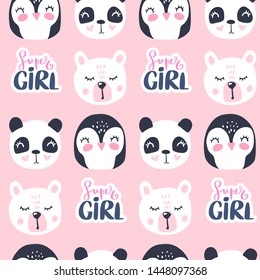 Cute seamless pattern with teddy bear, panda and penguin. Vector cartoon animals background. Ideal for fabric, wallpaper, wrapping paper, textile, bedding, t-shirt print