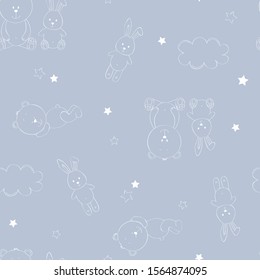 Cute seamless pattern with teddy bear and bunny. Vector background