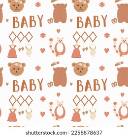 Cute seamless pattern with teddy bear, baby clothes, rattle and the inscription baby. Vector print in boho style for a child.