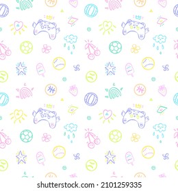 Cute seamless pattern with tennis, soccer, volleyball, basketball and baseball balls. Kawaii background with doodles, ice cream, joystick for sport design of flyers, posters, textiles and cards.