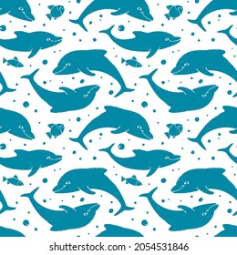 Cute seamless pattern with a textured dolphines and fishes. Hand drawn textured sea animals in a cartoon style. Vector shabby underwater world illustration for baby shower or party design