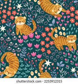 Cute seamless pattern with tiger and floral elements. Vector illustration with cartoon drawings for print, fabric, textile.