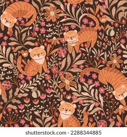 Cute seamless pattern with tiger and floral elements. Vector illustration with cartoon drawings for print, fabric, textile.