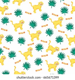 Cute seamless pattern with tiger and palm leaves.