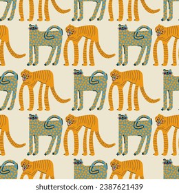 Cute seamless pattern with tigers and leopards. Vector background, design, print