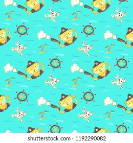 Cute seamless pattern with tigers, skeletons and pirates. Vector baby design for fashion apparels, t shirt, stickers and printed tee design.