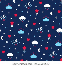 Cute seamless pattern with tiny cloud, star, heart for nursery design, children's bed linen, nightgowns, pajamas. Cutest vector repeat texture for fabric print for clothes of toddler, sucker, newborn.