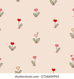 Cute seamless pattern with tiny hand-drawn heart-shaped flowers on light background