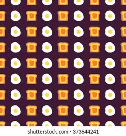 Cute seamless pattern with toast and eggs. Cartoon food and drink background in vector