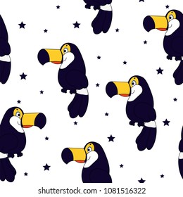 Cute seamless pattern with a toucan in a Cartoon style. Bright background for printing on fabric, wallpaper and paper. Vector