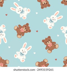 Cute seamless pattern with toy bunnies and bears. Vector graphics