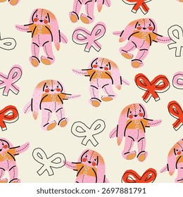 A cute seamless pattern with toy bunnies and bows. Vector children's background, print, design, wrapping paper, wallpaper, textiles
