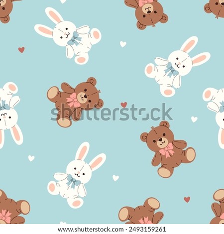 Cute seamless pattern with toy bunnies and bears. Vector graphics