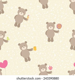 Cute seamless pattern. Toy teddy bear with heart, flower, lollipop, etc. Can be used for Valentines, celebration postcard, invitation, scrapbooking, wrapping paper, background