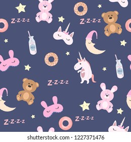 Cute seamless pattern toys, stars and donut. Pajama party background. Editable vector illustration