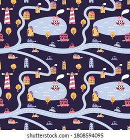 Cute seamless pattern with trail map and funny cars and houses. Vector illustration.