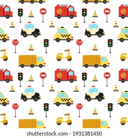 Cute seamless pattern with transportation means. 