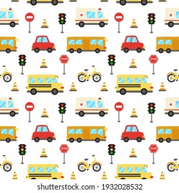 Cute seamless pattern with transportation means. 