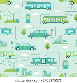 Lindo patrón sin fisuras con vacaciones de viaje y vehículos eléctricos iconos. Patrón sin fisuras con iconos aleatorios sobre vehículos eléctricos con ciudad y energía renovable sobre un fondo verde claro.