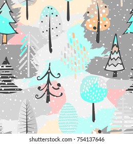 Cute seamless pattern with tree. Hand Drawn vector illustration. Background with abstract elements