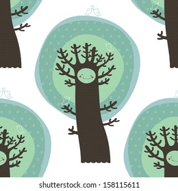 cute seamless pattern with trees and birds