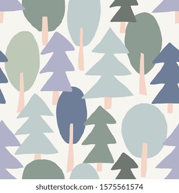 Cute seamless pattern with trees in green, violet, blue and peach on cream background.