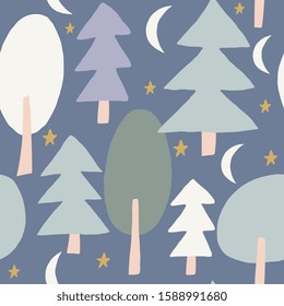 Cute seamless pattern with trees, stars and half moons in green, violet, white and peach on blue background.