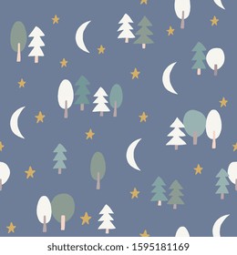 Cute seamless pattern with trees, stars and half moons in green, yellow and white on blue background.