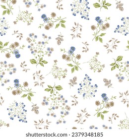 Cute seamless pattern. Trendy Korean or Japanese style. Floral and leaves pattern in watercolor texture. Hand drawn design for fabric, textile, print, wallpaper, wrapping.