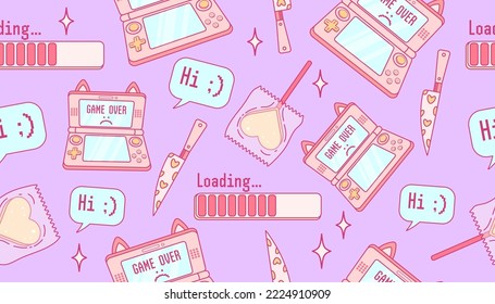 Cute seamless pattern in trendy retro y2k style. Gamer kawaii elements. Old game technology. Glamour 2000s. Nostalgia for 1990s -2000s.