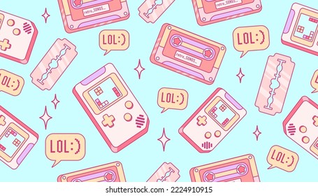 Cute seamless pattern in trendy retro y2k style. Gamer kawaii elements. Old game technology. Glamour 2000s. Nostalgia for 1990s -2000s.