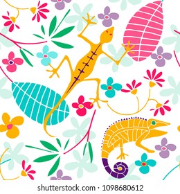 Cute seamless pattern with tropical animals and flowers. Funny lizard and chameleon. Colorful and hand drawn vector illustration.