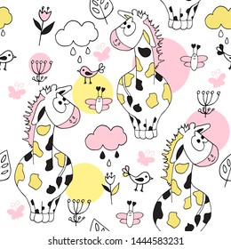 Cute seamless pattern with tropical animals on white background.