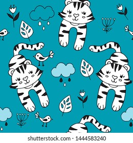Cute seamless pattern with tropical animals on blue background.