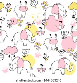 Cute seamless pattern with tropical animals on white background.