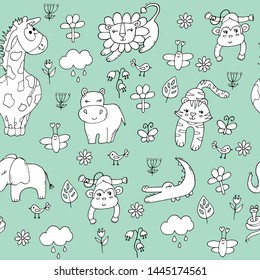 Cute seamless  pattern with tropical animals on green background.  Lion, elephant, tiger, giraffe and monkey in the jungle.