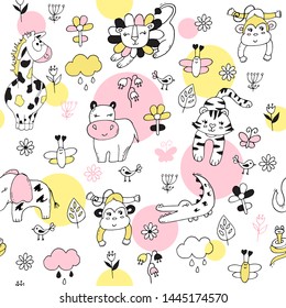 Cute seamless  pattern with tropical animals on white background.  Lion, elephant, tiger, giraffe and monkey in the jungle.