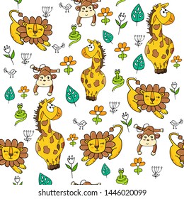 Cute seamless  pattern with tropical animals on white background.  Lion, snake, giraffe and monkey in the jungle.