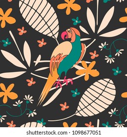 Cute seamless pattern with tropical flora and colorful parrot. Hand drawn vector illustration. 