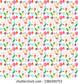 cute seamless pattern with tropical flowers, ice cream and flamingo